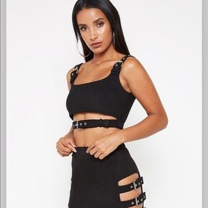 Maniere De Voir faux suede buckle strap crop top